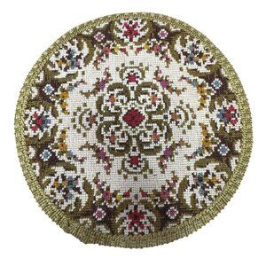 Vintage Belgium Victorian Needlepoint Handmade Round Doll Rug Formal Floral 8"